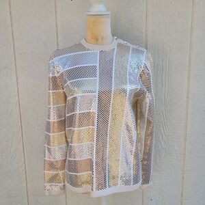 Vintage Wayne St. John cream Gold Silver Sequined Knit Top Sz M